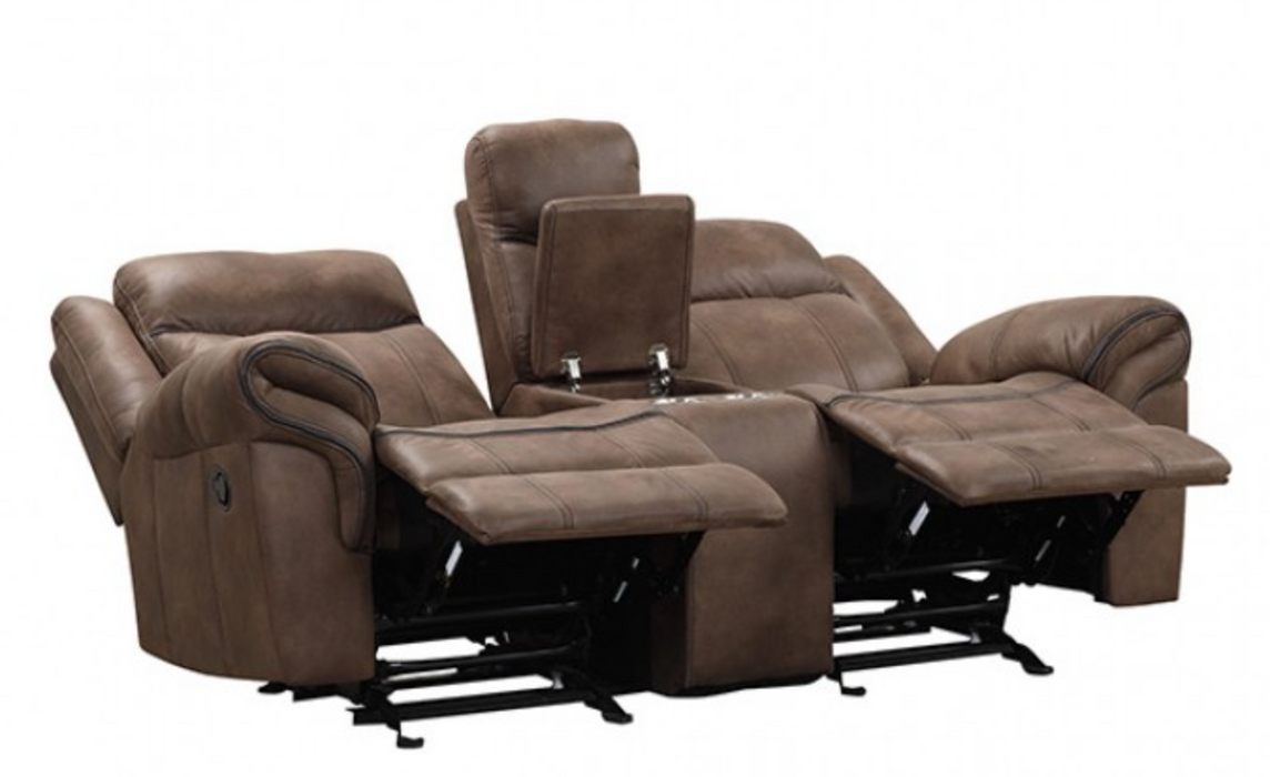 Agata brown loveseat with both seats reclined and center storage console open