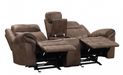 Agata brown loveseat with both seats reclined and center storage console open