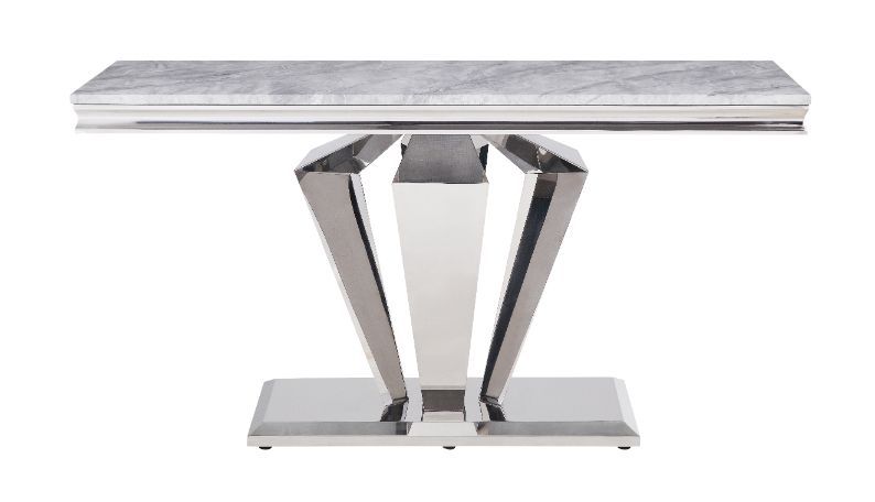 Satinka - Accent Table - Light Gray Printed Faux Marble & Mirrored Silver Finish
